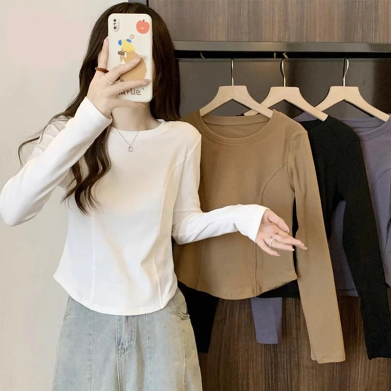 白色长袖T恤女2025春秋新款修身显瘦内搭圆领正肩打底衫体恤上衣