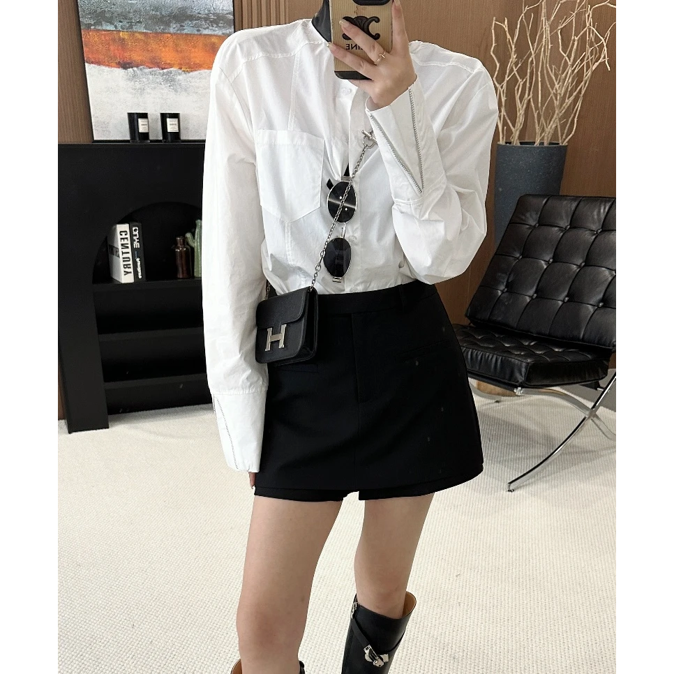 XIAOBAI衬衣衬衫长袖白色百搭小众设计感秋季皮领衬衫