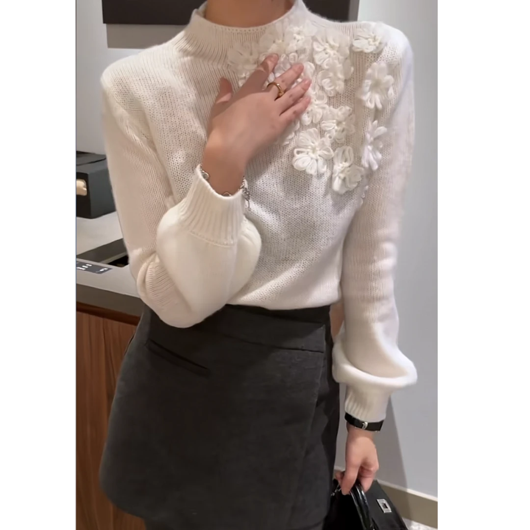 XIAOBAI气质花朵毛衣长袖秋冬百搭半高领套头上衣蕾丝毛衣