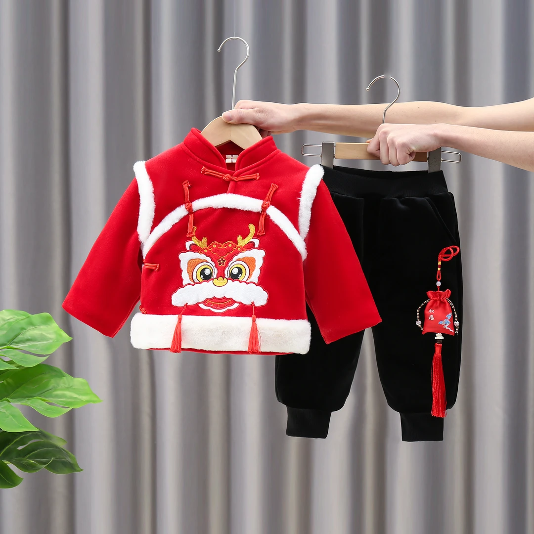 儿童套装宝宝加厚中国风加绒冬季拜年服