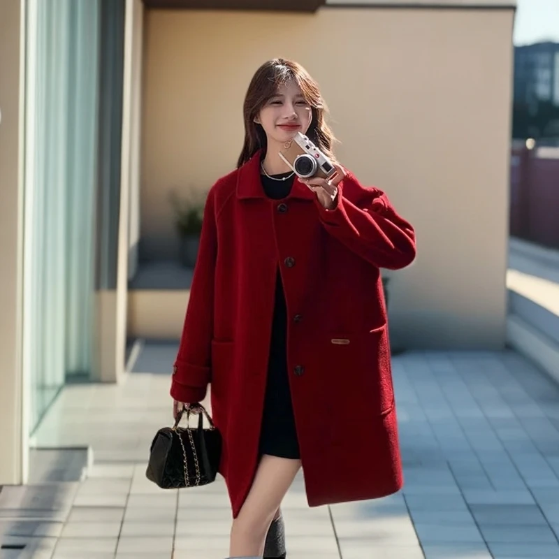 [2401]双面显瘦羊毛大衣女中长款 纯手工毛呢外套呢大衣 木