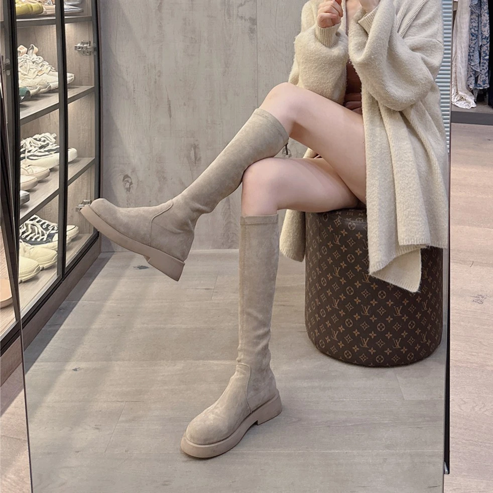 后拉链显瘦百搭长靴子女气质长筒秋冬平底骑士靴低跟不过膝瘦瘦靴