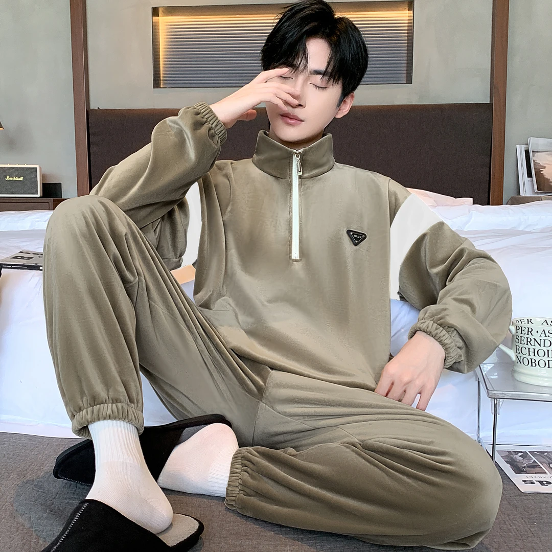 海岛绒冬季法兰绒加绒加厚珊瑚绒家居服可外穿睡衣秋冬款男士