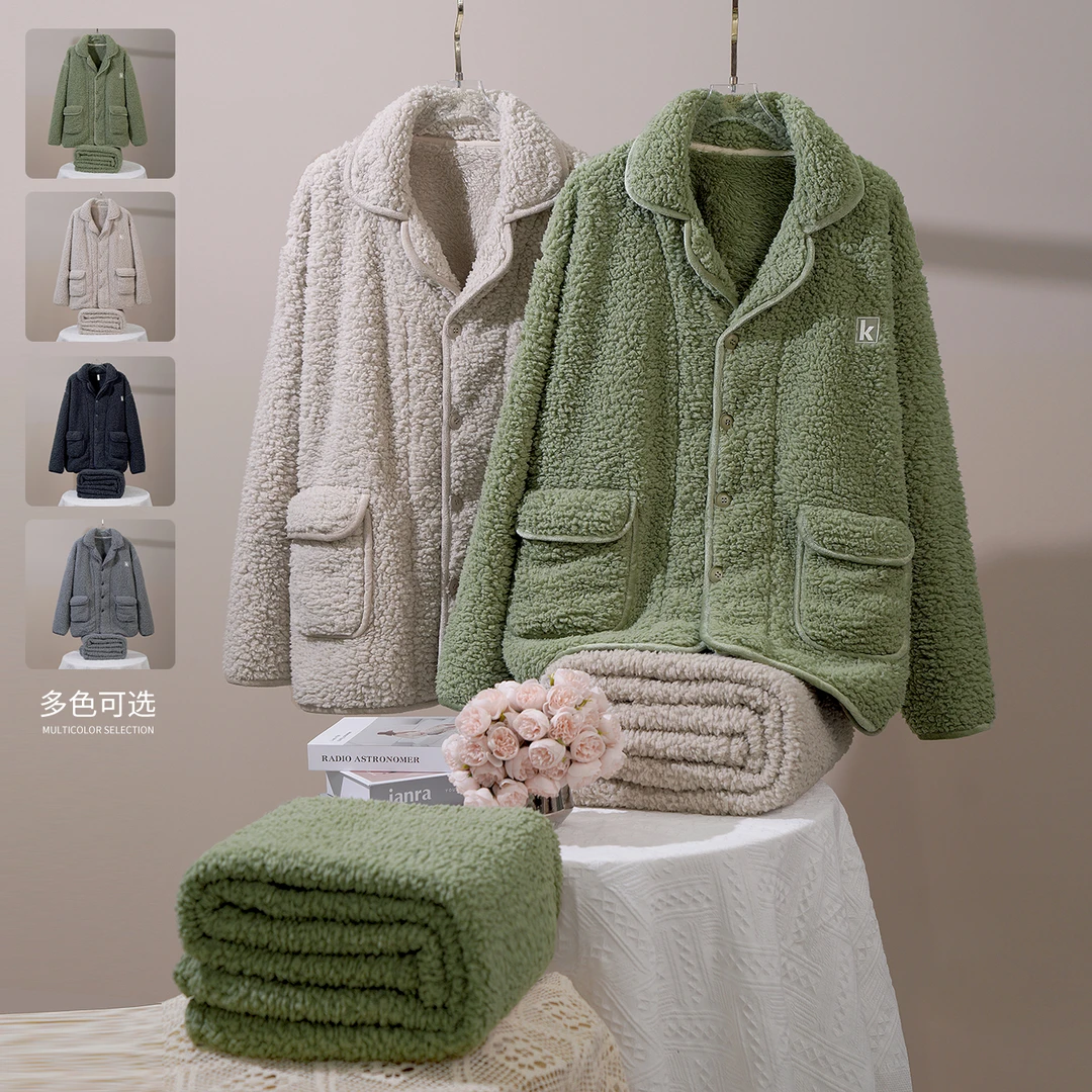 法兰绒保暖套装睡衣秋冬季珊瑚绒可外穿家居服男加厚大码宽松套装