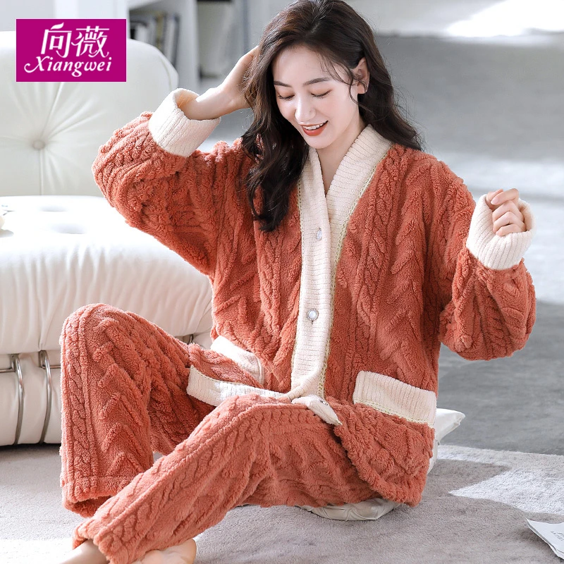 秋冬季加绒加厚睡衣女珊瑚绒V领法兰绒可外穿家居服