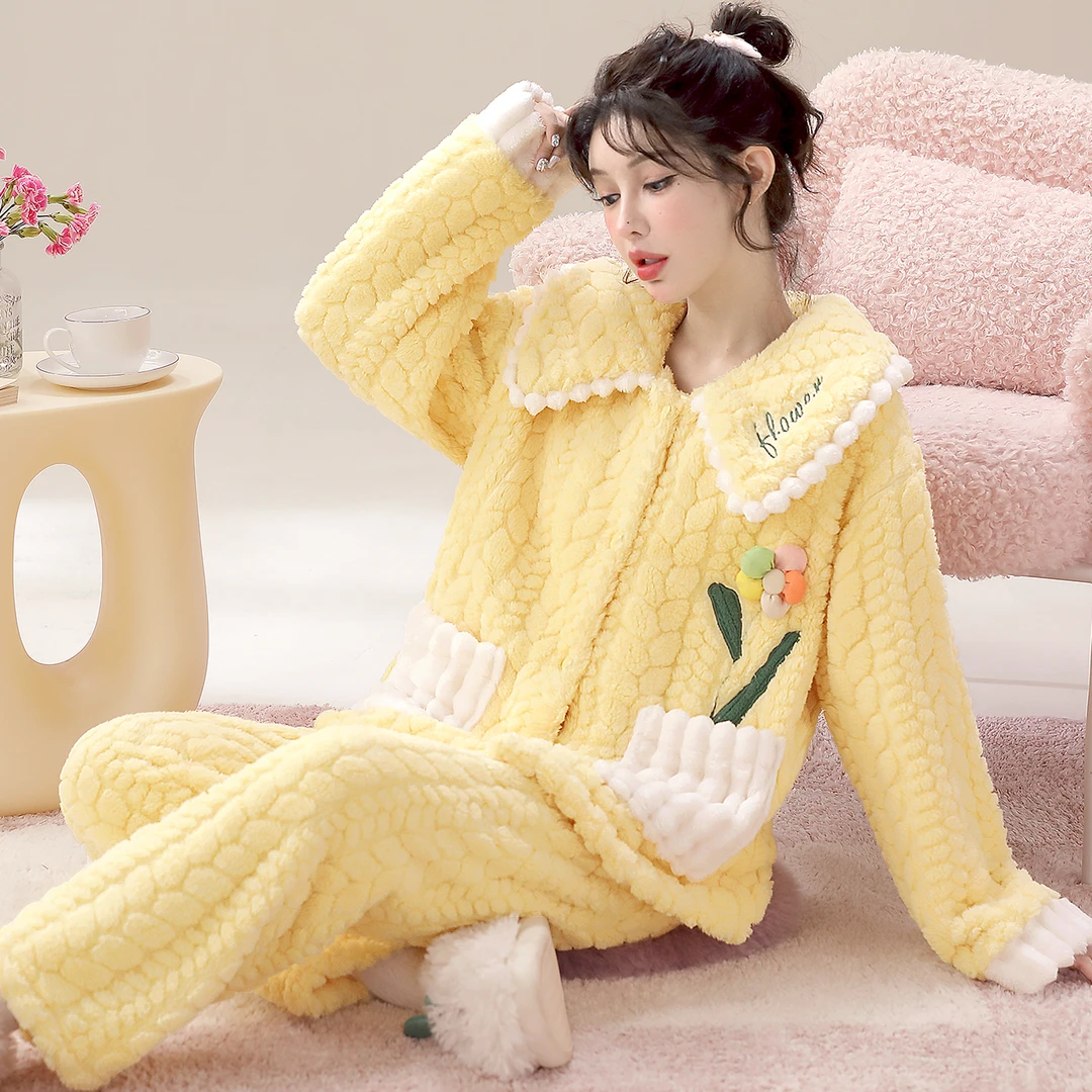 秋冬甜美可爱珊瑚绒毛绒睡衣可外穿法兰绒家居服套装柔软舒适暖绒