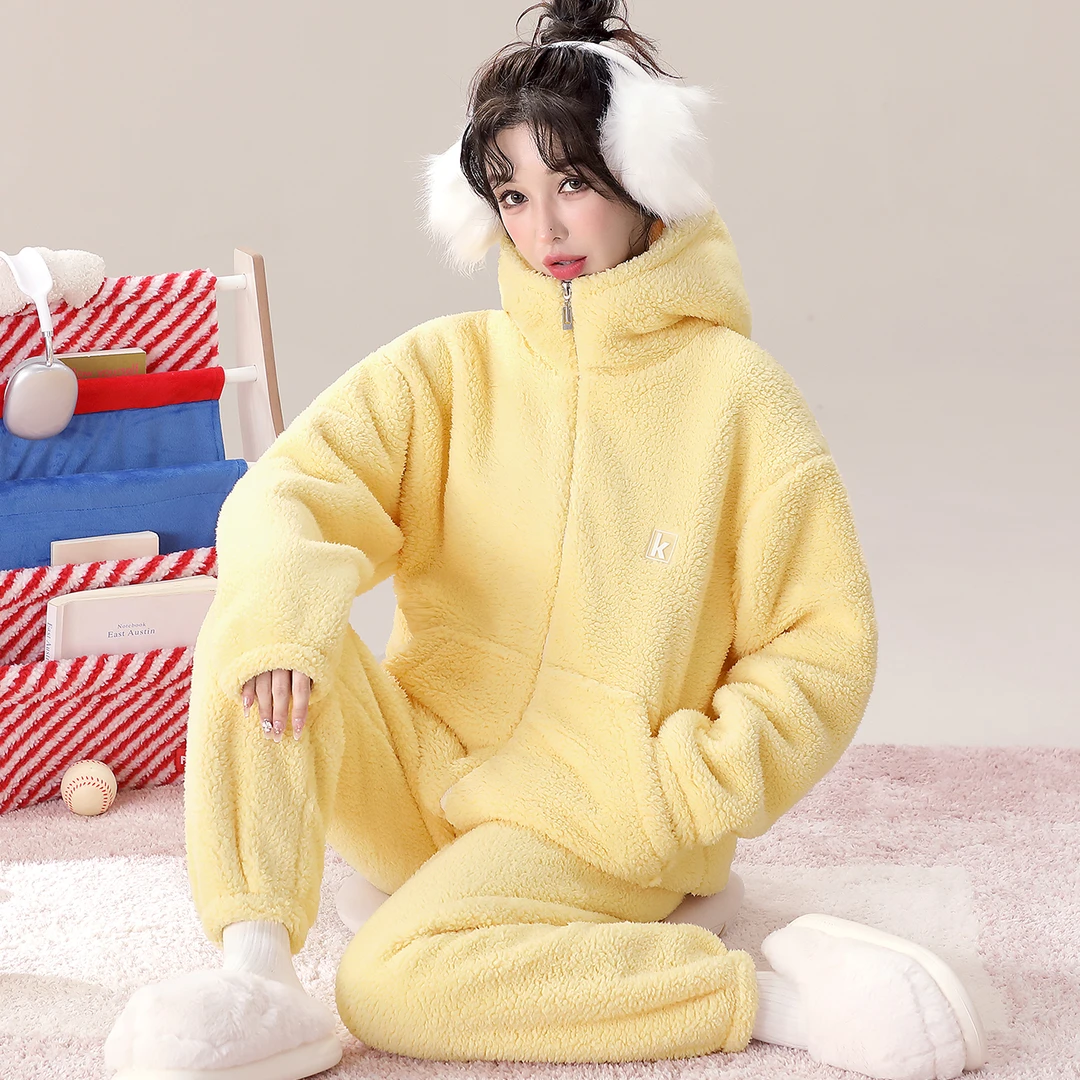 【奶酪黄】女士睡衣家居服秋冬甜美简约连帽可外穿加绒保暖套装