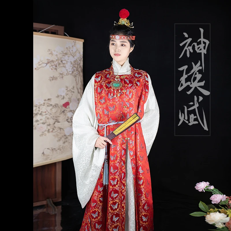 赭颜赭颜汉服原创《神瑛赋》明制织金妆花金色蝴蝶大红方领比甲罩甲