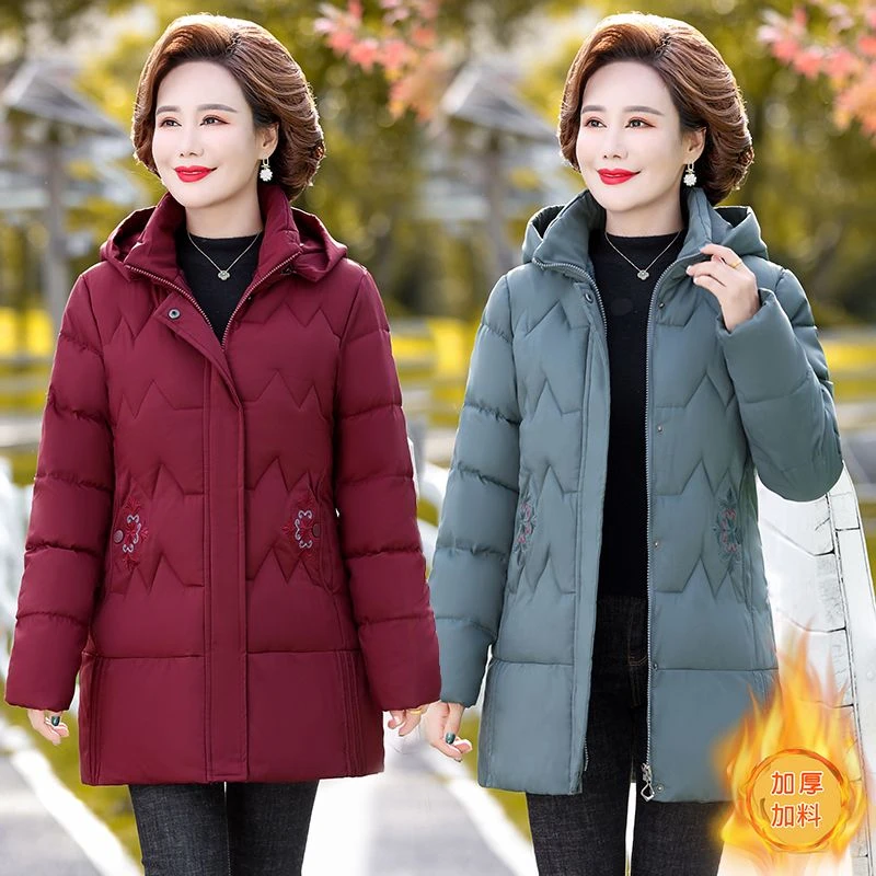 2024冬季棉衣女加绒加厚中老年妈妈棉袄女中长款中年妈妈棉服大码
