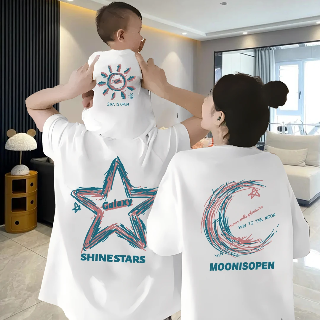 星星月亮 情侣亲子装新款短袖T恤纯棉圆领春秋季一家三口四口上衣