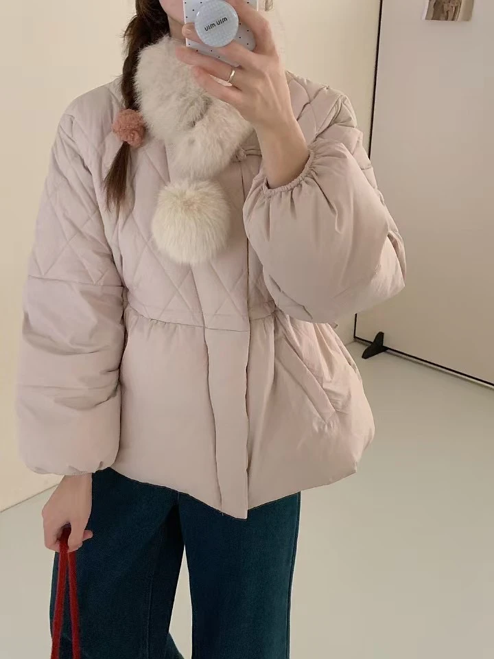 没有毛领新中式立领盘扣羽绒服女2024新款收腰白鸭绒显瘦外套国风
