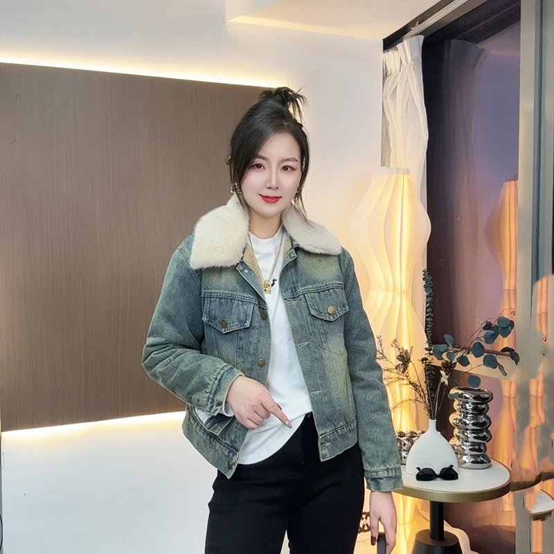 时尚加厚蓝色加绒外套翻领可拆卸毛领烫钻牛仔短外套