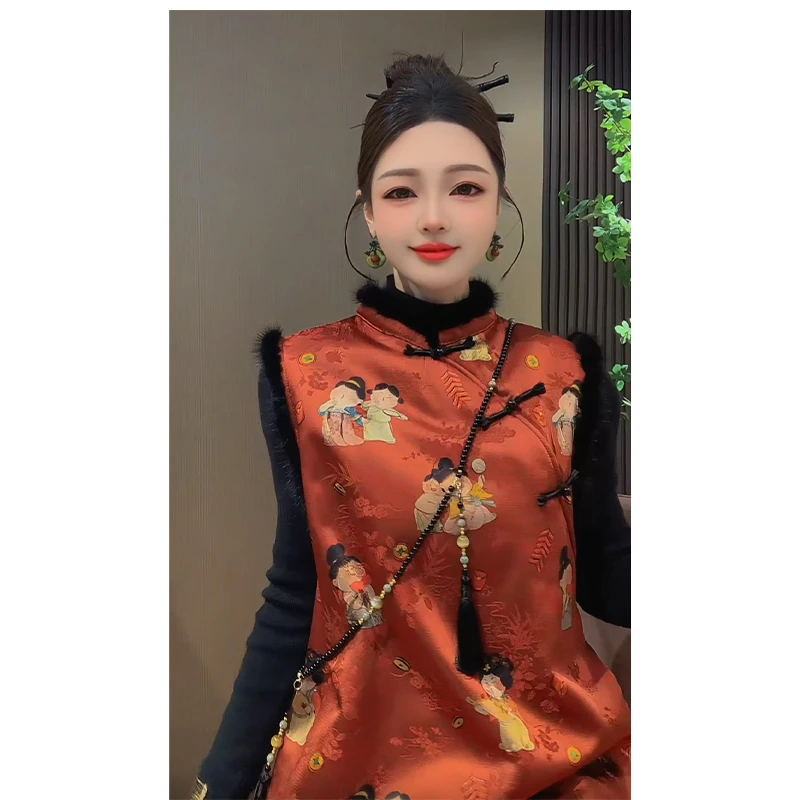 【小唐人】过年国风新中式加绒加厚旗袍水貂毛无袖背心裙短裙裙子女