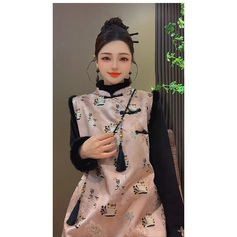 【萌虎下山】国风新中式加绒加厚改良版旗袍水貂毛无袖背心裙裙子女