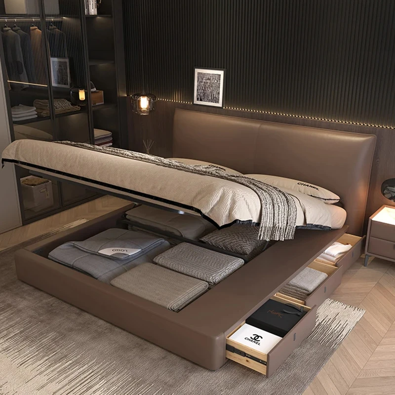 香奈尔家用极简真皮床主卧室双人婚床轻奢现代简约高箱储物真皮床