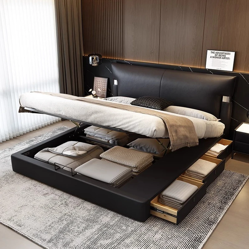 香奈尔双人床齐边储物床轻奢真皮床头层牛皮网红床现代简约大床