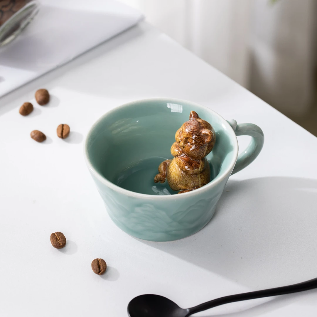 尚唐青瓷咖啡杯猫咪可爱陶瓷马克杯早餐杯耐热牛奶水杯ins咖啡