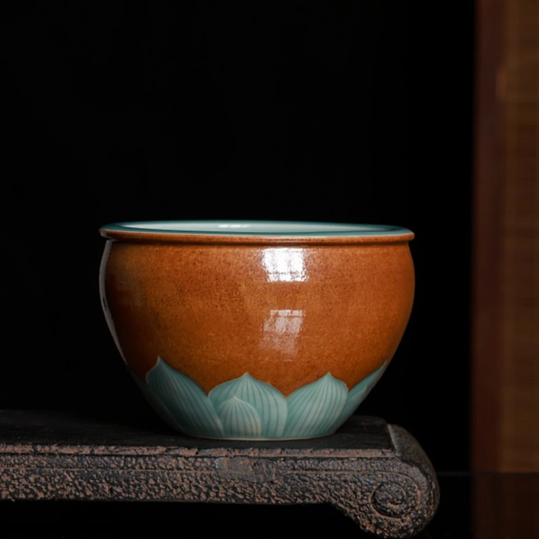 青瓷茶洗中式茶渣缸陶瓷建水双釉莲瓣废水缸笔洗