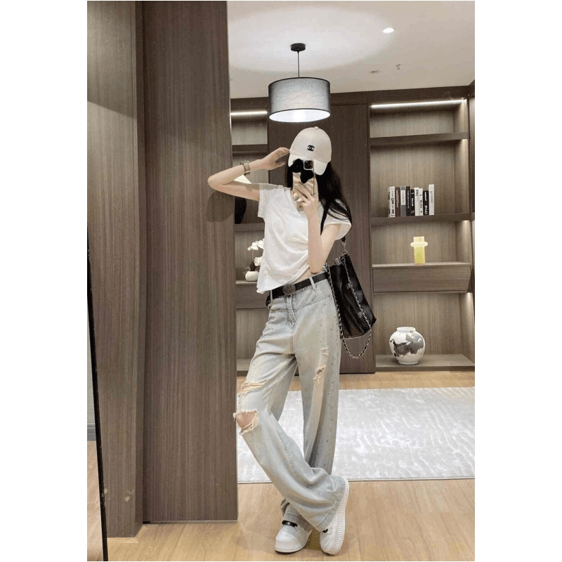 复古港风烫钻破洞垂感牛仔裤女2024新款高腰宽松显瘦阔腿长裤-志