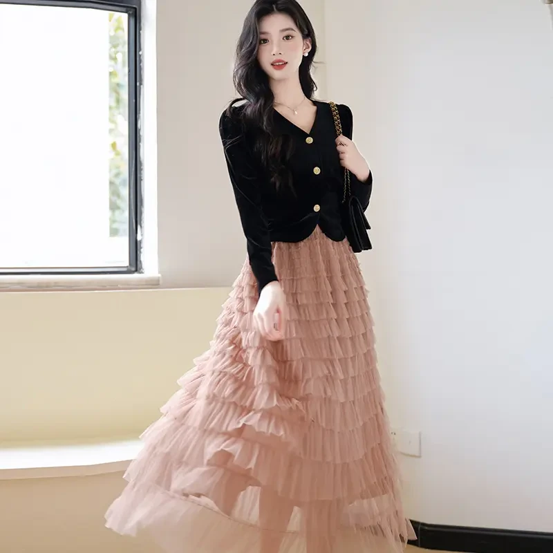 法式丝绒上衣层层半身裙两件套女秋冬甜酷风网纱蛋糕长裙套装新款