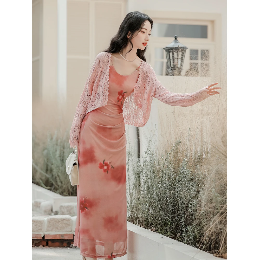 法式小众设计干枯玫瑰晕染吊带连衣裙配开衫春夏季温柔风长裙新款