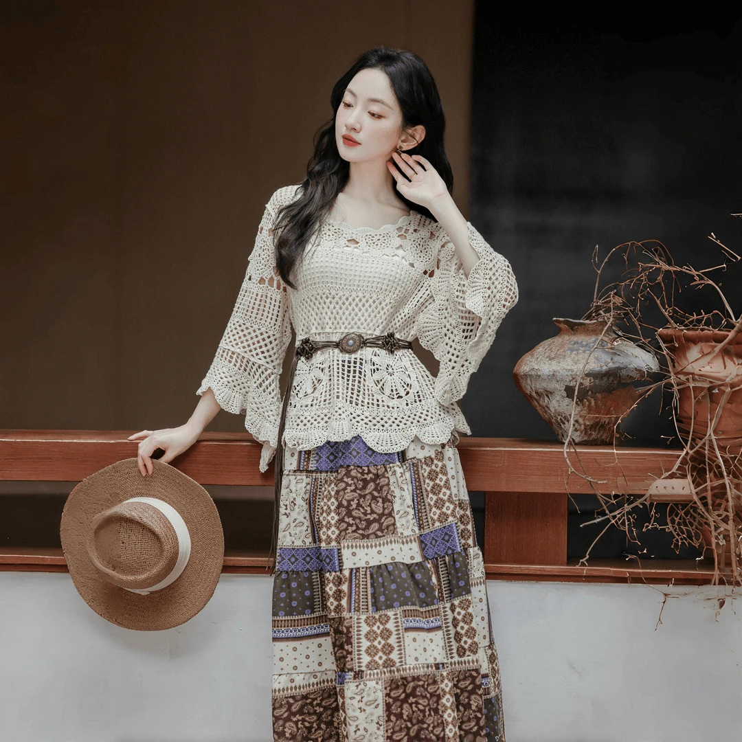民族风镂空针织上衣内搭吊带印花半裙云南新疆西藏旅游穿搭新款女