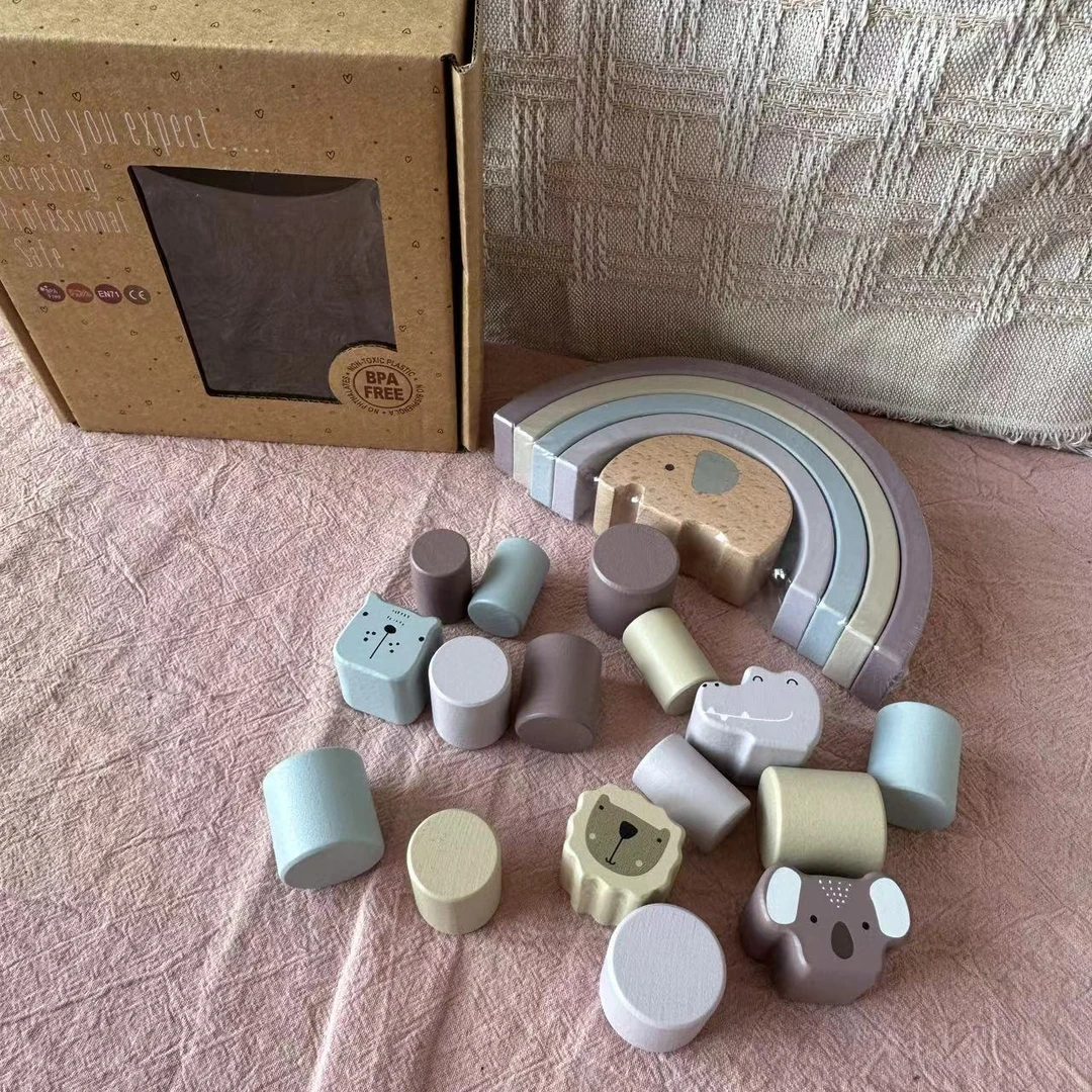 蒙氏幼儿园早教启蒙彩虹动物平衡实木叠叠乐积木手眼协调叠叠高