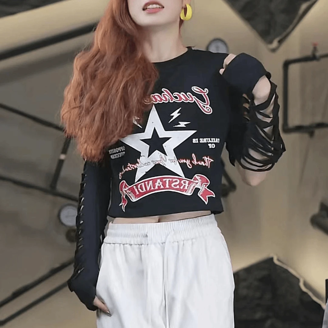 新款卫衣女弹力紧身运动不规则破洞露脐T恤性感绑带长袖上衣