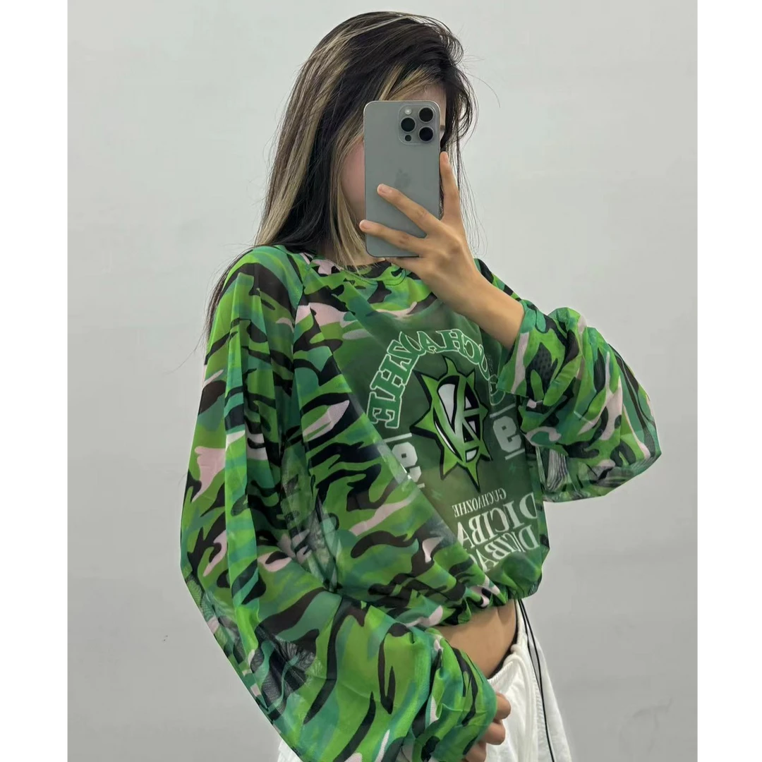 十三姨 春夏秋新款时尚百搭圆领潮流长袖个性穿搭迷彩印花网纱
