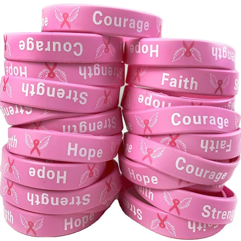 Awareness Pink Ribbon Courage Faith Hope Strength 硅胶手环