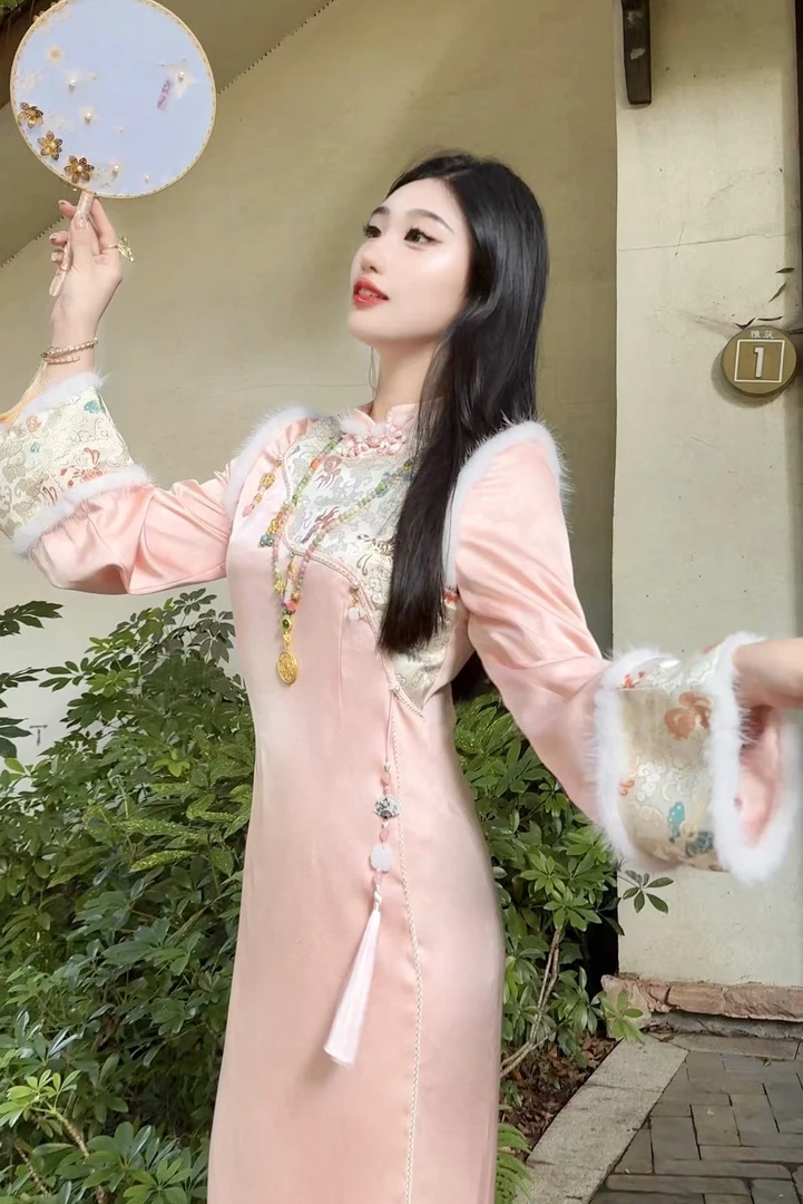 【媛珠 福满娇花】重工拼接新宋锦贵气粉色减龄旗袍连衣裙秋冬日常