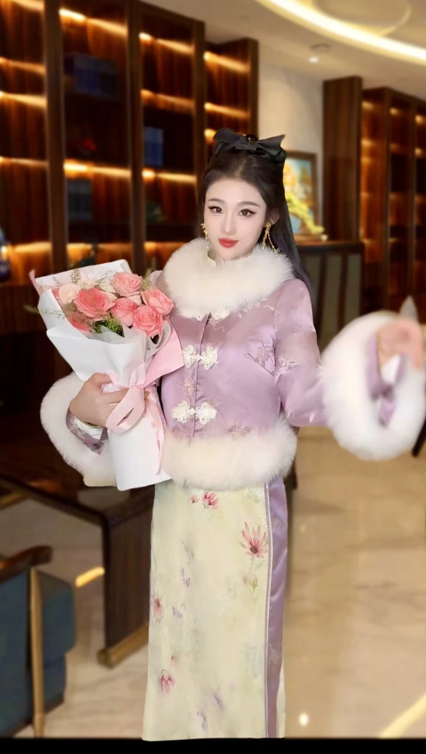 【媛珠 紫蝶花醉】重工提花套装狐狸毛白鹅绒外套旗袍冬季加厚长款