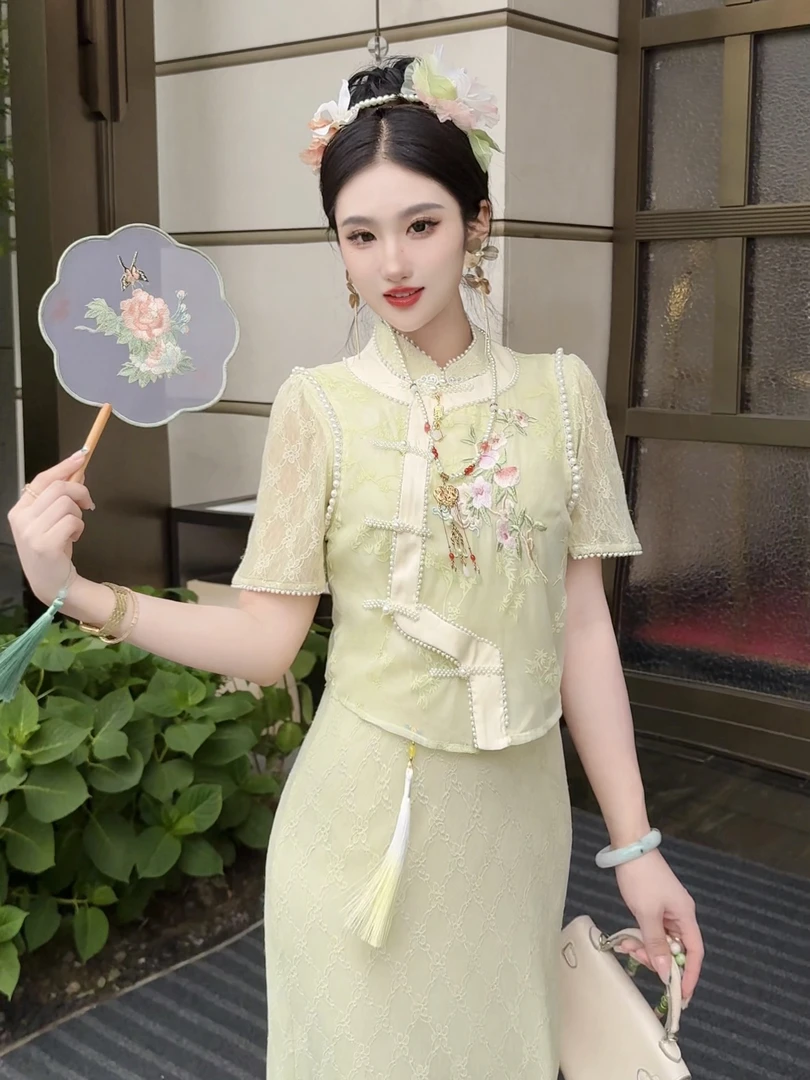 【媛珠 淮南闺秀】中国风旗袍新中式夏款日常立领提花蕾丝长款显瘦