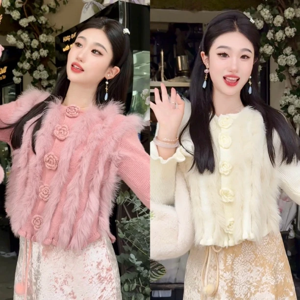 【媛珠 微醺蜜桃】重工狐狸毛毛衣针织开衫钩花显瘦气质百搭温柔