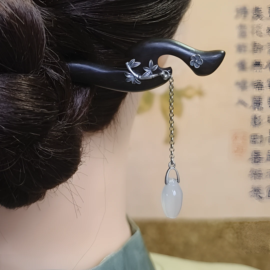 手工黑檀木发簪s925银配件旗袍发饰头饰新中式复古国风竹子步摇