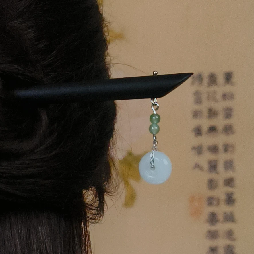 手工黑檀木发簪s925银配件旗袍发饰头饰新中式复古国风平安扣步摇