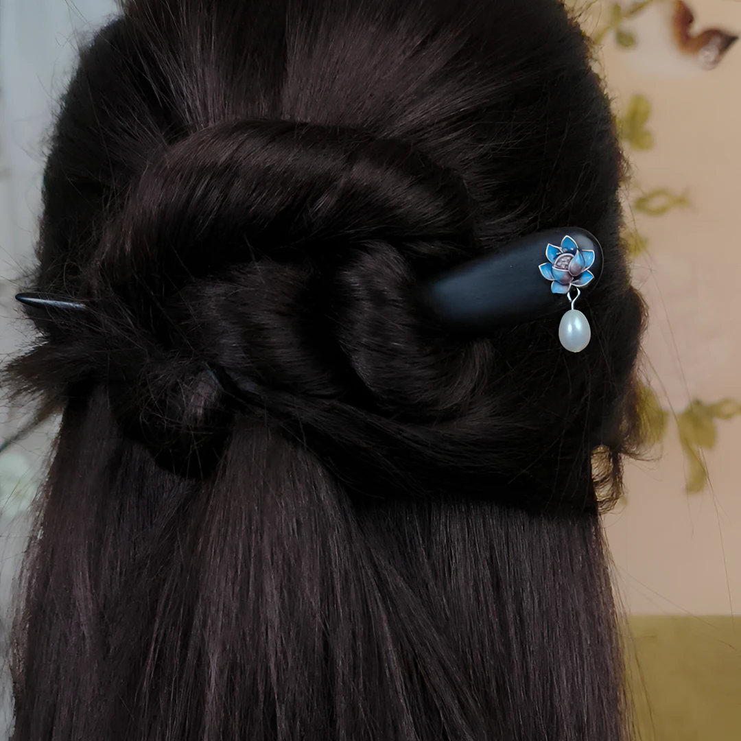 s925银国风中式复古风手工黑檀木盘发簪子旗袍头饰发饰新中式步摇