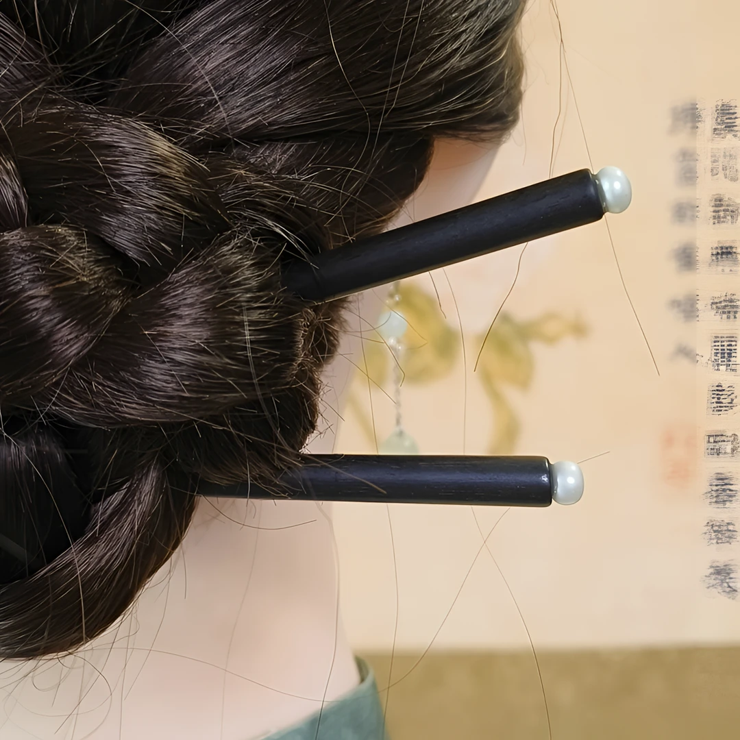 两支装珍珠手工黑檀木发簪新中式国风旗袍发饰头饰古风日常百搭