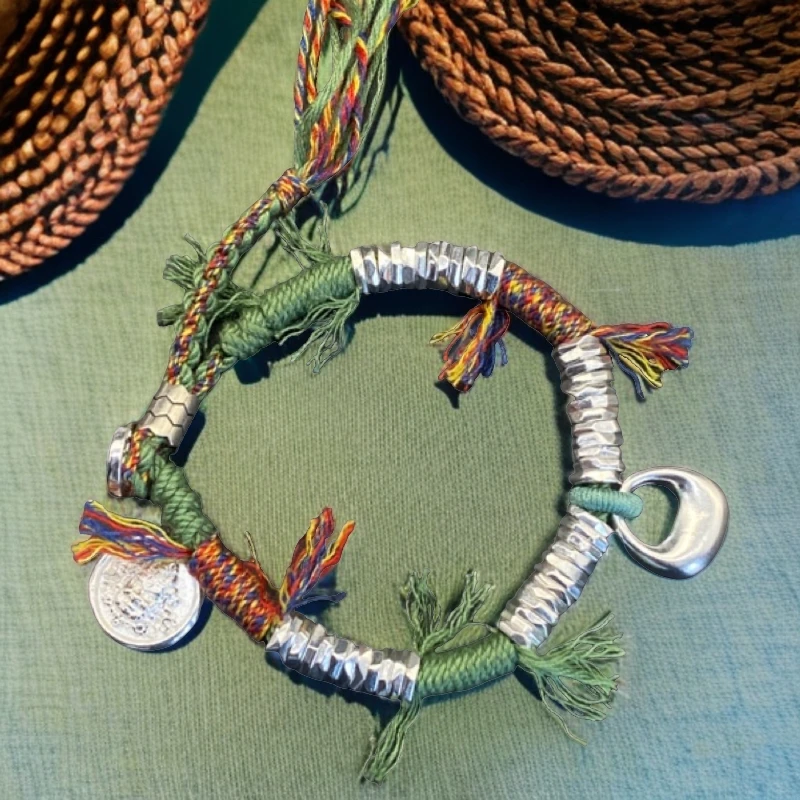 足银手链 【E17】足银999.9【苗苗专享】墨绿色编绳黄財神手串气质