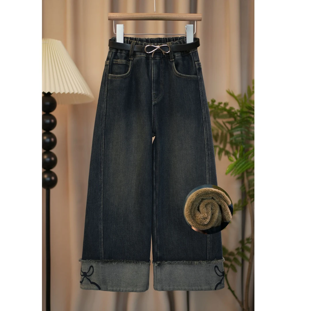 女童加厚绒牛仔裤2024冬季新款简约中大童直筒裤百搭儿童阔腿裤