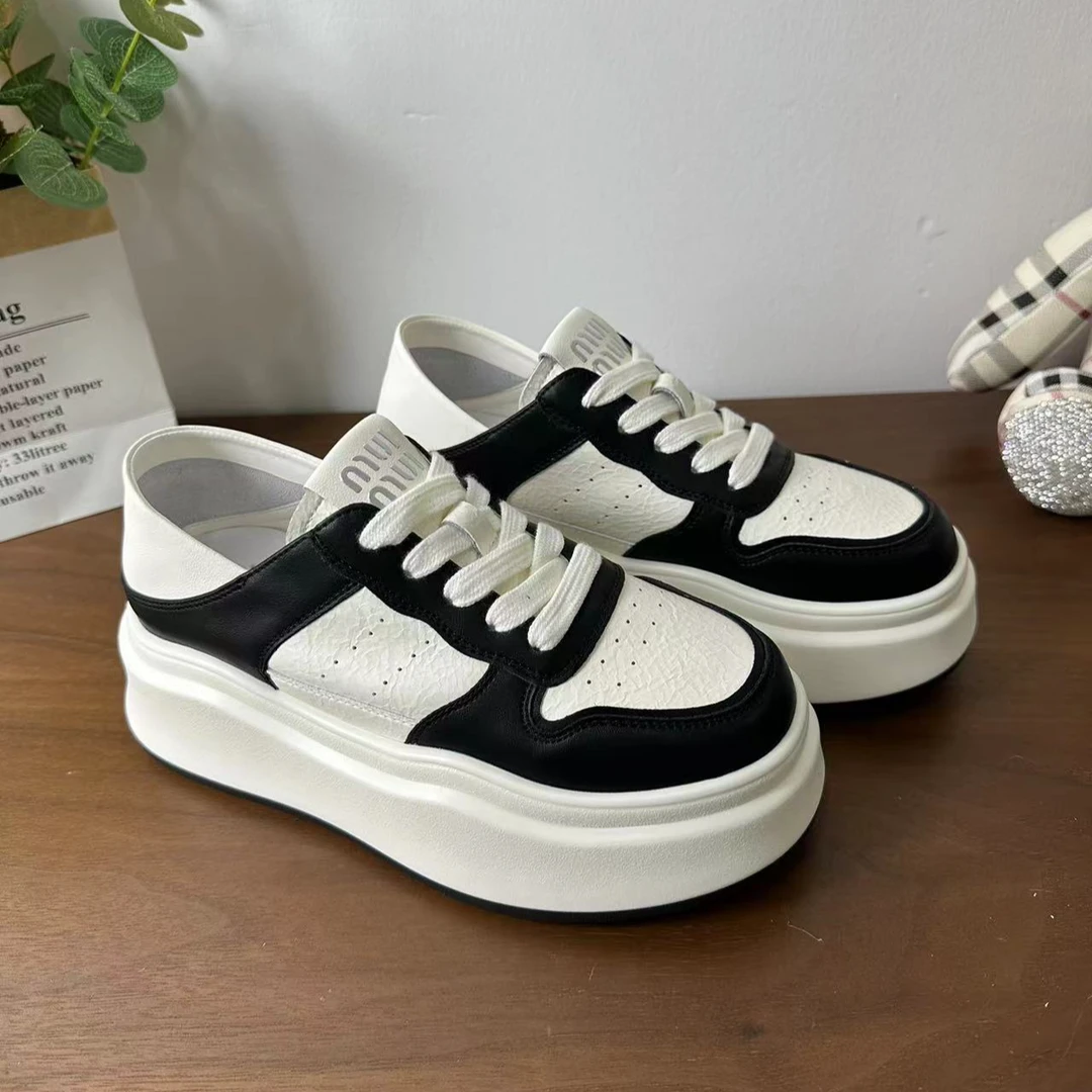 【薇洛可】百搭时尚欧货系带新款真皮厚底松糕鞋板鞋小白鞋女鞋