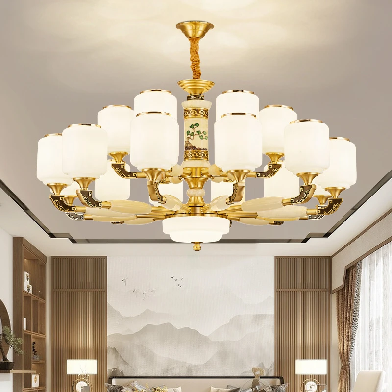 新中式全铜玉石吊灯国风禅意高档大气客厅餐厅书房茶室卧室全铜灯