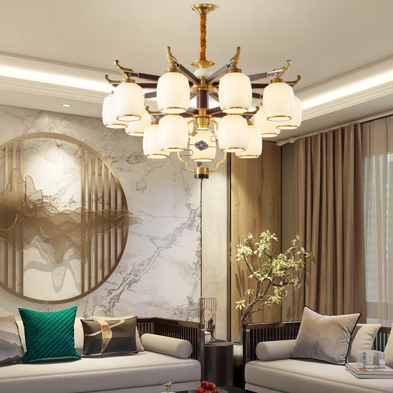 新中式吊灯铜加木的客厅挑空客厅旋转楼梯中国风现代复式楼大吊灯