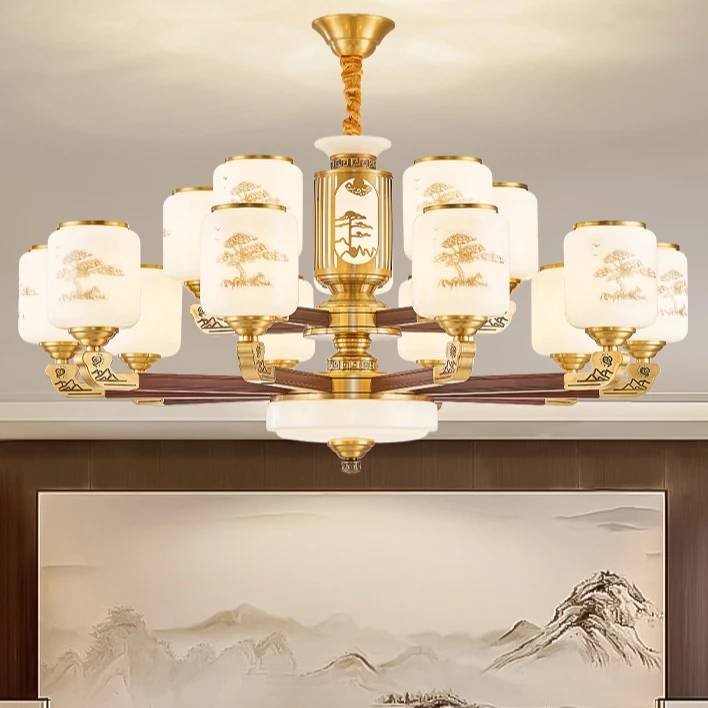 新中式全铜实木吊灯国风禅意简约大气别墅高档客厅餐厅全铜灯具