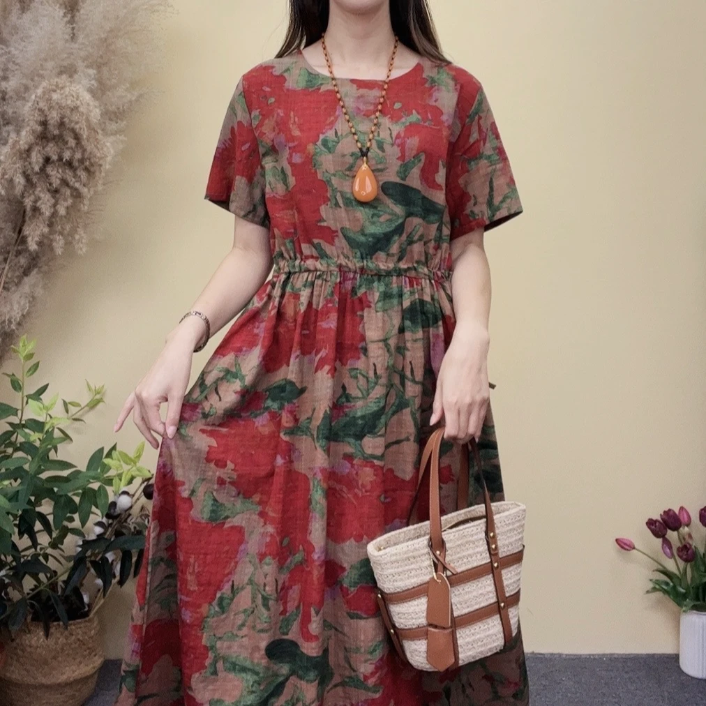 夏季新款大摆裙优雅气质过膝系带收腰显瘦连衣裙妈妈款40-60岁