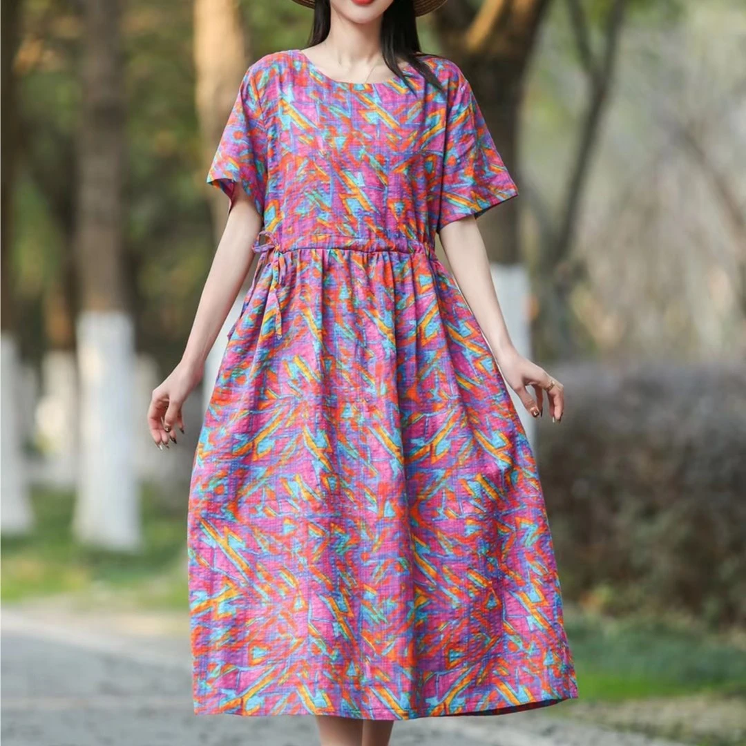 复古文艺圆领夏季收腰棉麻长款连衣裙百搭连衣裙妈妈款40-60岁