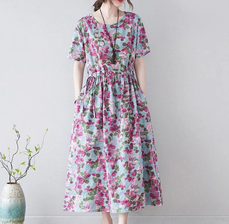 夏季复古气质显瘦收腰时尚印花中长款连衣裙妈妈款40-60岁大码