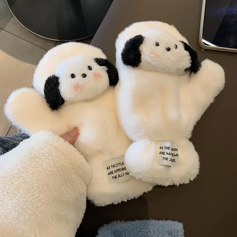 可爱毛绒手套女冬季小狗保暖加绒加厚全包连指学生骑行防寒手套