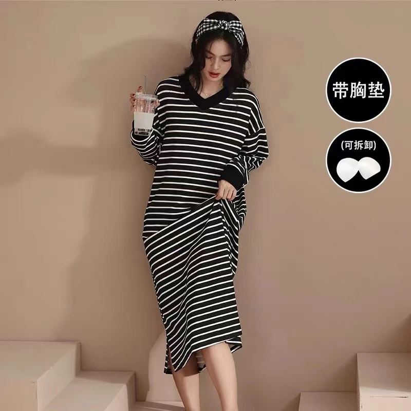 睡裙女长袖纯棉春秋季长款带胸垫睡衣宽松显瘦可外穿孕妇家居服冬