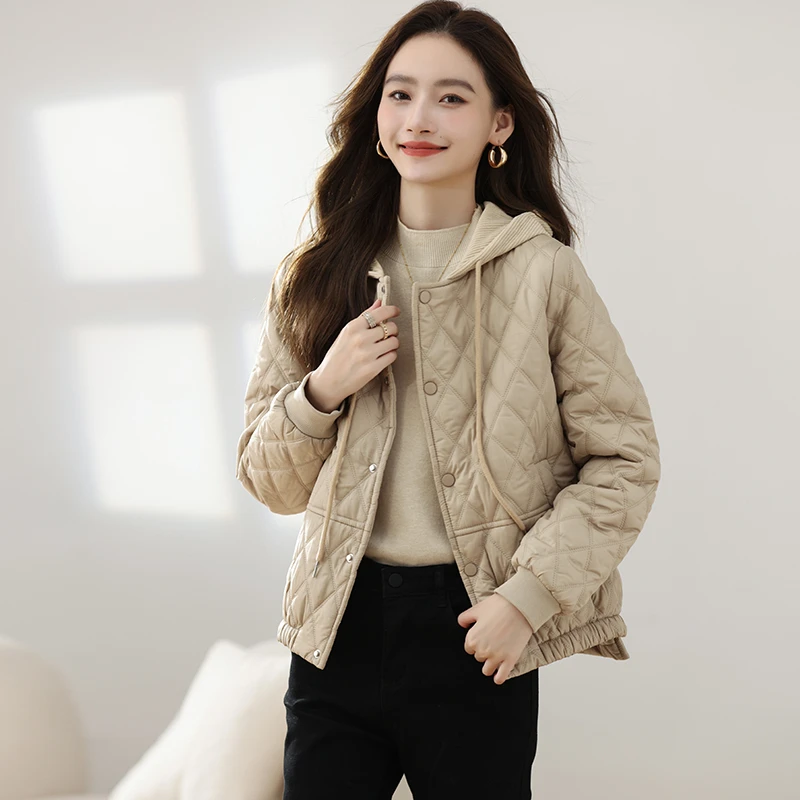 2025新款棉服女短款菱形格轻薄连帽时尚百搭小个子棉衣棉袄女外套